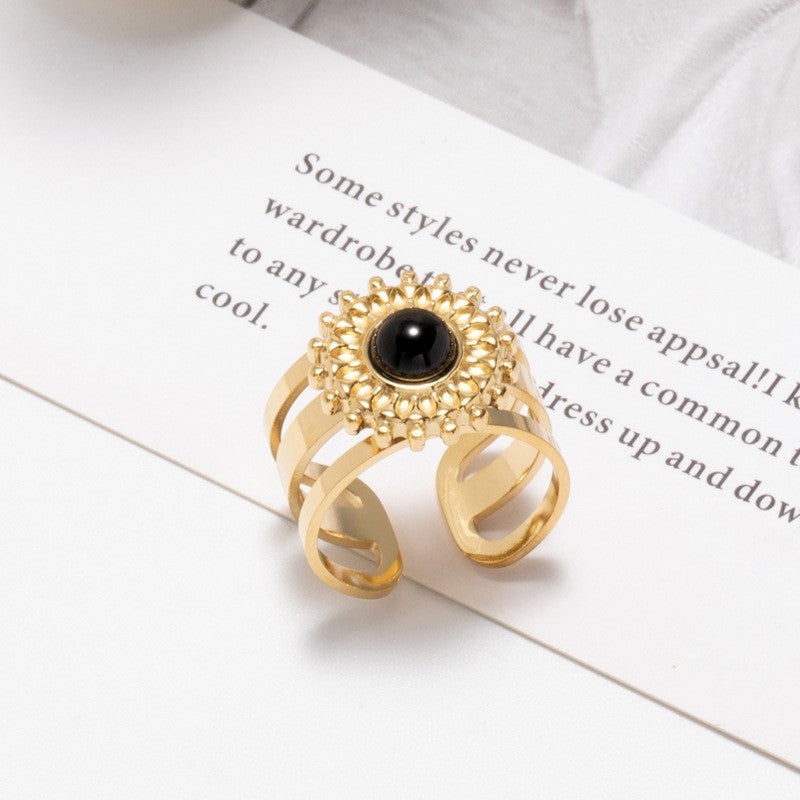 Vintage Style Geometric Titanium Steel Plating Natural Stone Open Ring