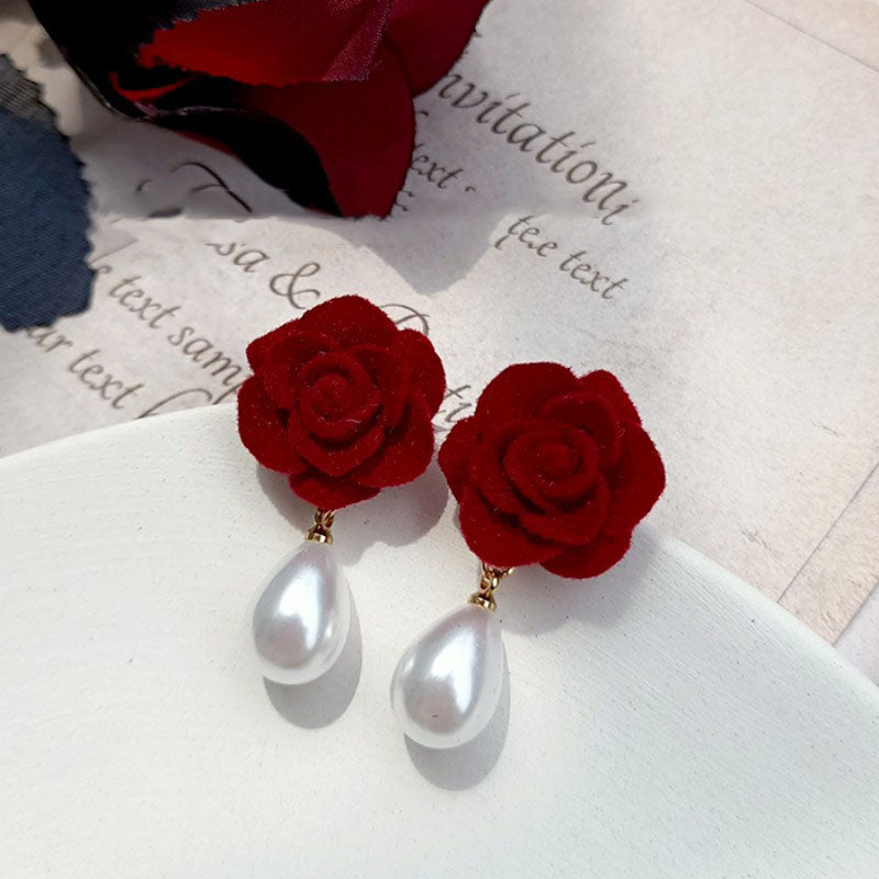 Fashion Water Droplets Rose Flower Flocking Three-dimensional Artificial Pearls Women's Drop Earrings 1 Pair