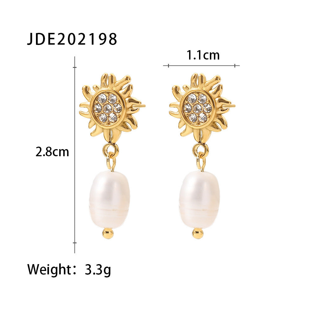 Elegant Geometric Stainless Steel Inlay Pearl Zircon Earrings 1 Pair