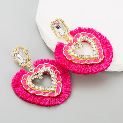 Ethnic Style Tassel Heart Shape Alloy Rhinestone Women's Drop Earrings 1 Pair