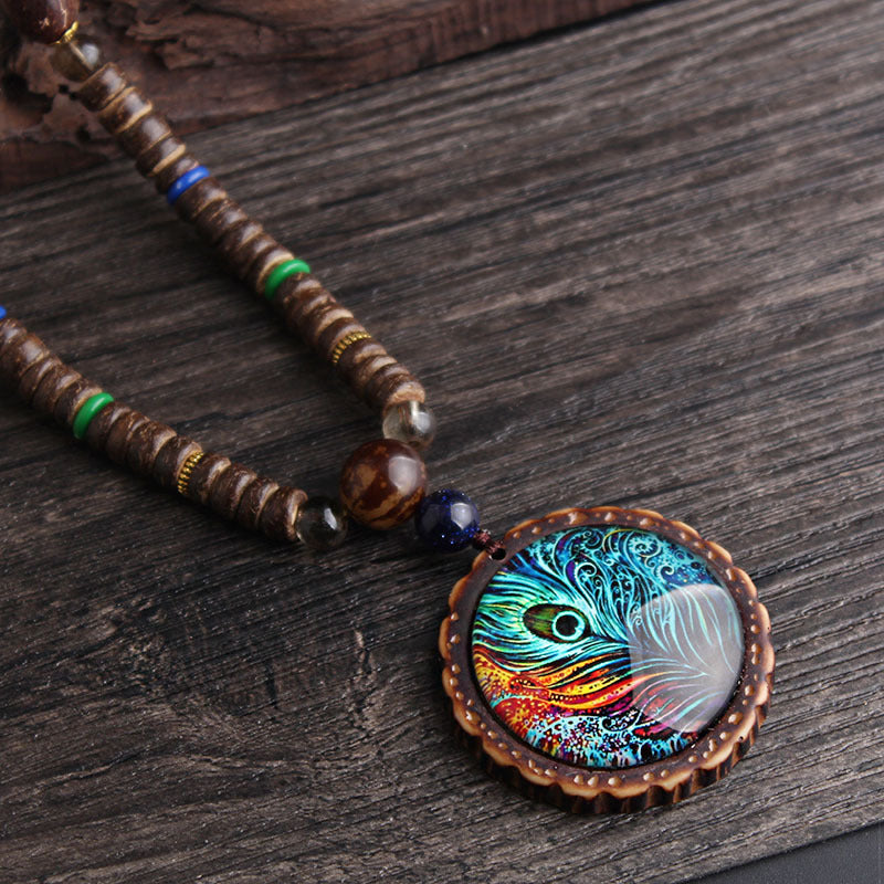 Ethnic Style Feather Wood Beaded Unisex Pendant Necklace 1 Piece