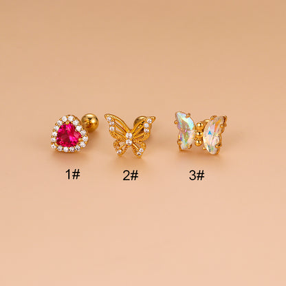 1 Piece Fashion Heart Shape Butterfly Hollow Out Inlay Stainless Steel Copper Zircon Ear Studs