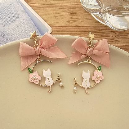 Fashion Cat Bow Knot Alloy Enamel Pearl Plating Women's Drop Earrings 1 Pair