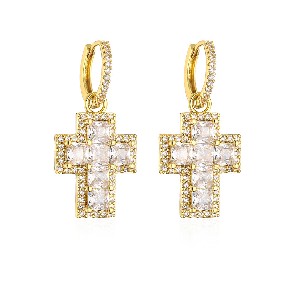 Fashion Cross Copper Gold Plated Zircon Dangling Earrings 1 Pair