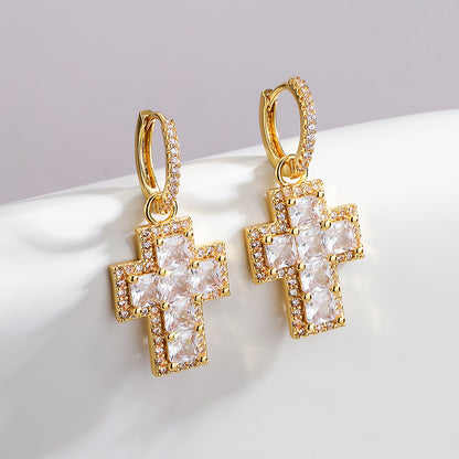 Fashion Cross Copper Gold Plated Zircon Dangling Earrings 1 Pair