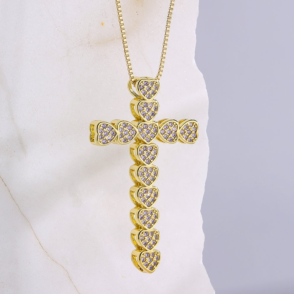 Fashion Cross Heart Shape Copper Plating Zircon Pendant Necklace 1 Piece