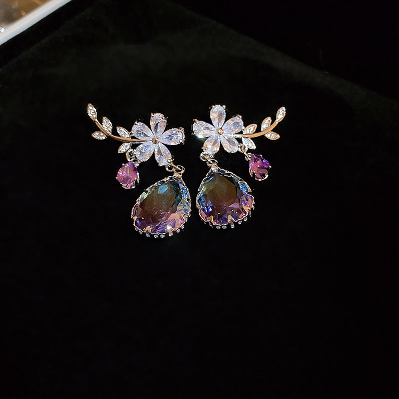 Fashion Flower Copper Inlay Zircon Drop Earrings 1 Pair