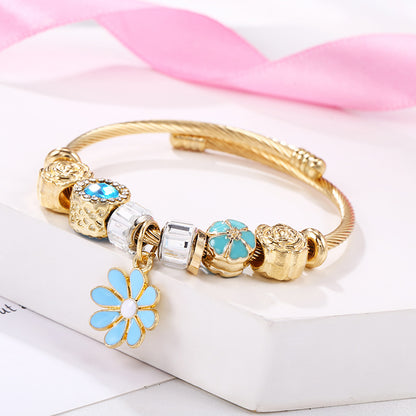 Simple Style Flower Alloy Titanium Steel Copper Enamel Artificial Gemstones Women's Bangle