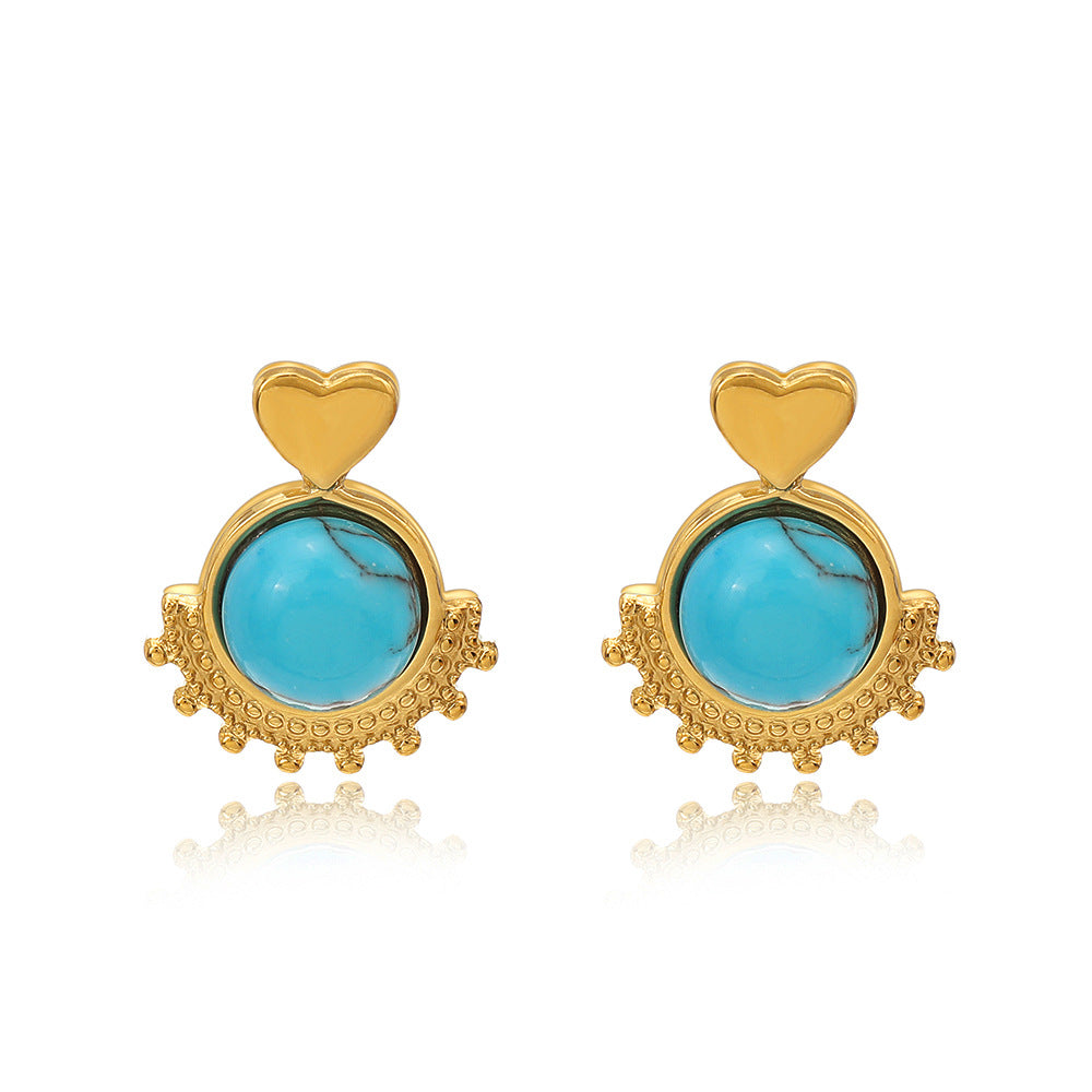 Ethnic Style Heart Shape Stainless Steel Inlay Turquoise Drop Earrings 1 Pair