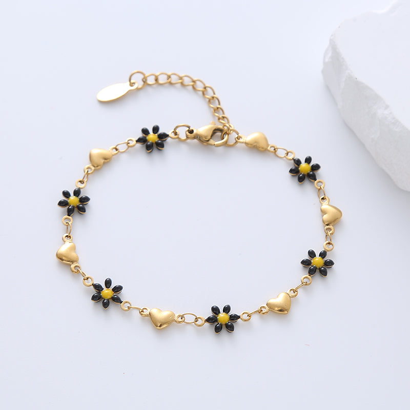 Simple Style Heart Shape Flower Stainless Steel Patchwork Enamel Gold Plated Bracelets