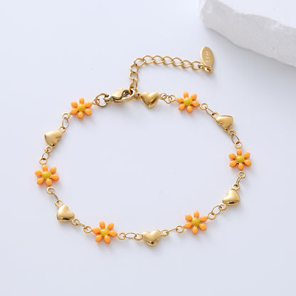 Simple Style Heart Shape Flower Stainless Steel Patchwork Enamel Gold Plated Bracelets