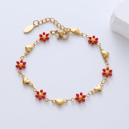 Simple Style Heart Shape Flower Stainless Steel Patchwork Enamel Gold Plated Bracelets