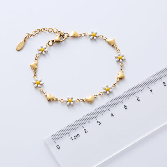 Simple Style Heart Shape Flower Stainless Steel Patchwork Enamel Gold Plated Bracelets