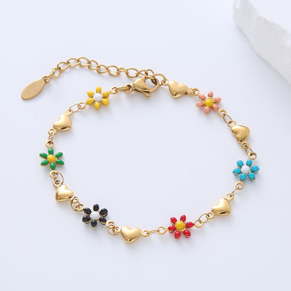 Simple Style Heart Shape Flower Stainless Steel Patchwork Enamel Gold Plated Bracelets