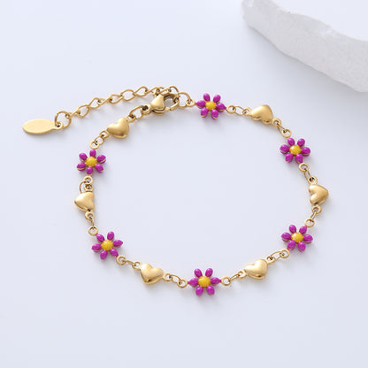 Simple Style Heart Shape Flower Stainless Steel Patchwork Enamel Gold Plated Bracelets
