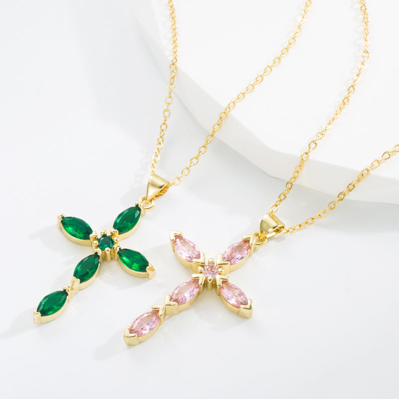 Classic Style Cross Copper Gold Plated Zircon Pendant Necklace 1 Piece