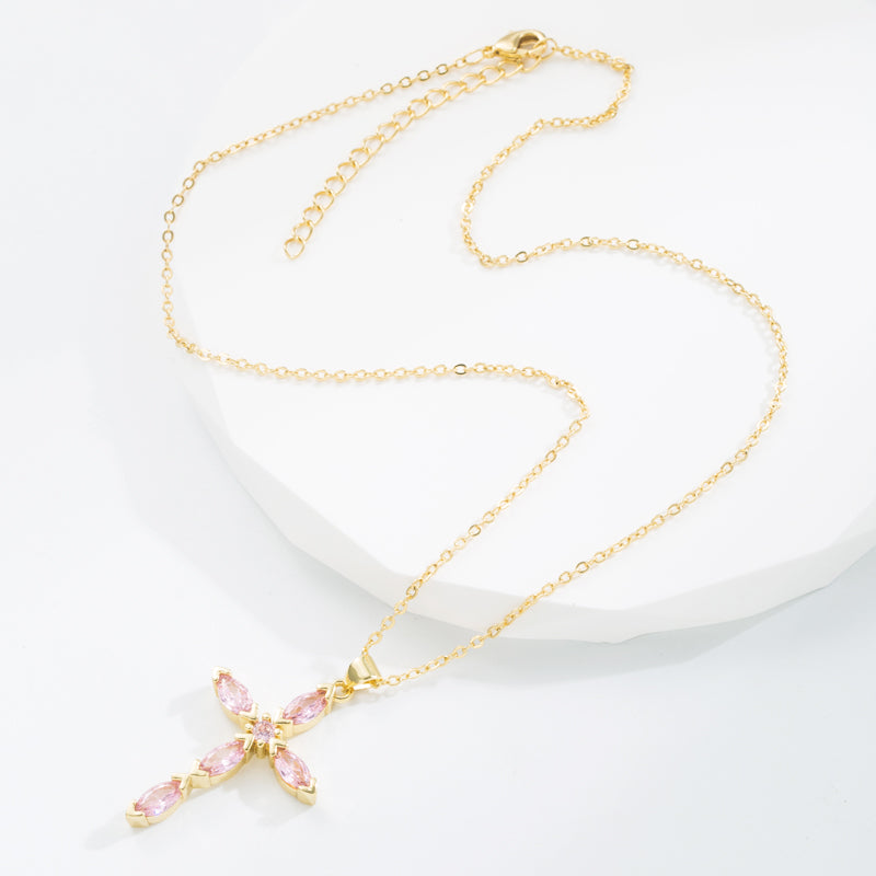 Classic Style Cross Copper Gold Plated Zircon Pendant Necklace 1 Piece