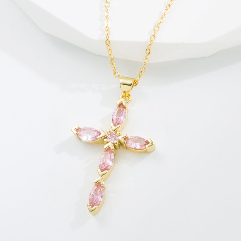 Classic Style Cross Copper Gold Plated Zircon Pendant Necklace 1 Piece