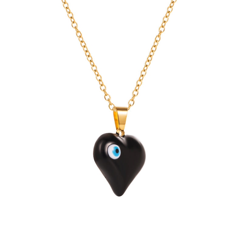 Classic Style Devil's Eye Heart Shape Titanium Steel Enamel Gold Plated Zircon Pendant Necklace 1 Piece