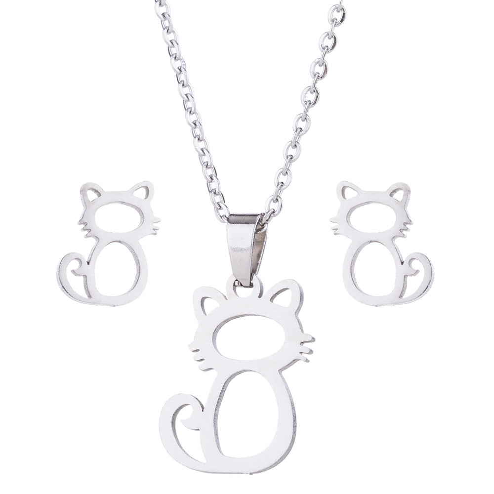 Fashion Cat Stainless Steel Plating Hollow Out Jewelry Set 2 Pieces