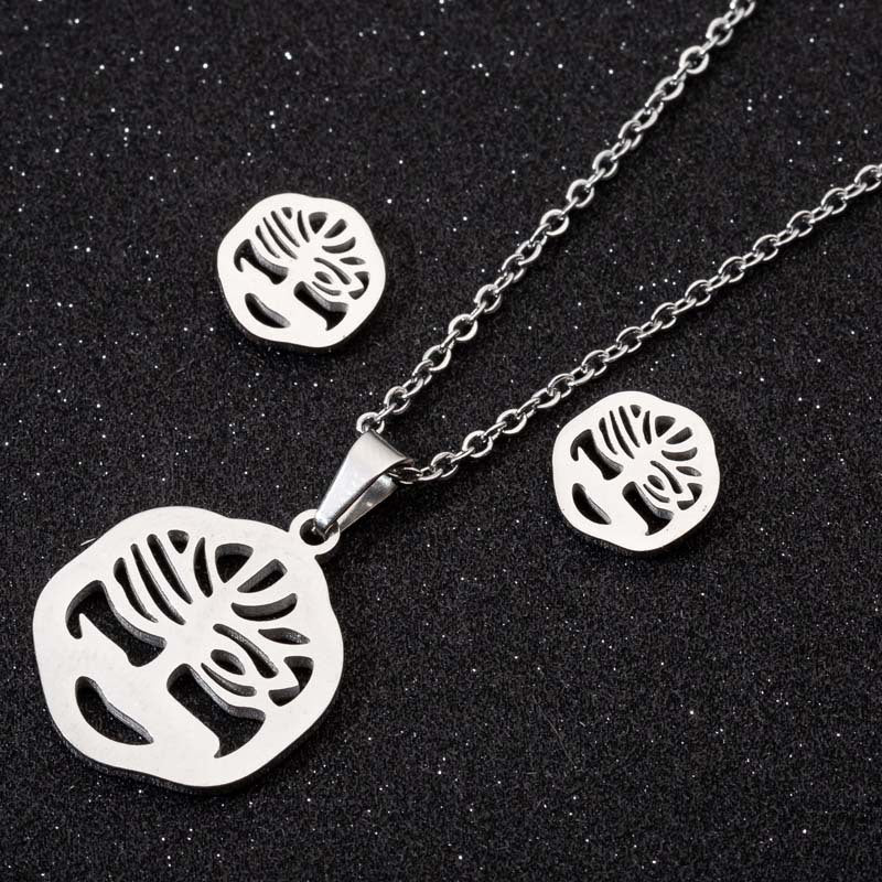 Fashion Moon Coconut Tree Fish Bone Stainless Steel Plating Hollow Out Earrings Necklace 1 Set