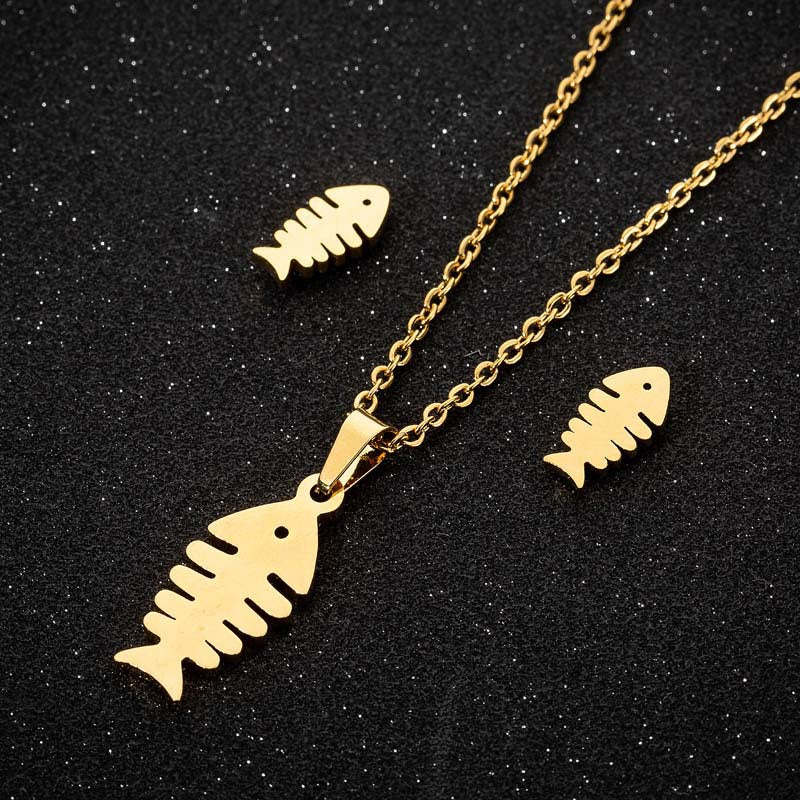 Fashion Moon Coconut Tree Fish Bone Stainless Steel Plating Hollow Out Earrings Necklace 1 Set