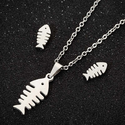 Fashion Moon Coconut Tree Fish Bone Stainless Steel Plating Hollow Out Earrings Necklace 1 Set