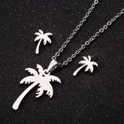 Fashion Moon Coconut Tree Fish Bone Stainless Steel Plating Hollow Out Earrings Necklace 1 Set