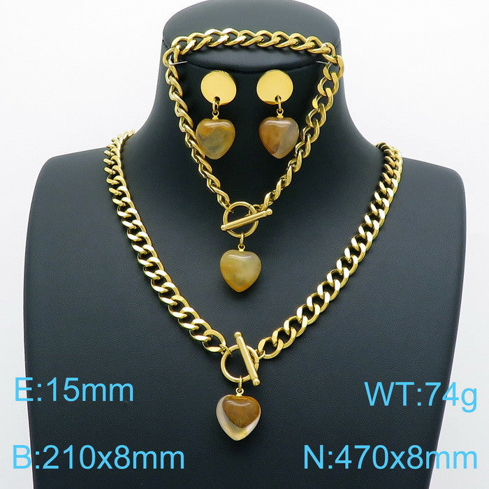 Fashion Water Droplets Heart Shape Stainless Steel Inlay Natural Stone Jewelry Set