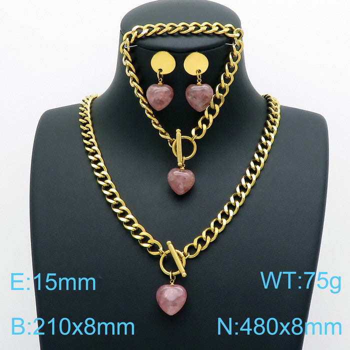 Fashion Water Droplets Heart Shape Stainless Steel Inlay Natural Stone Jewelry Set