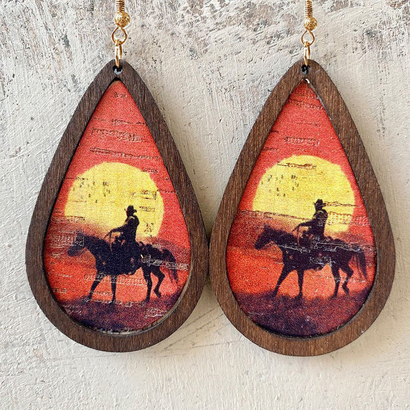 Retro Stripe Water Droplets Horse Pu Leather Wood Iron Women's Earrings 1 Pair