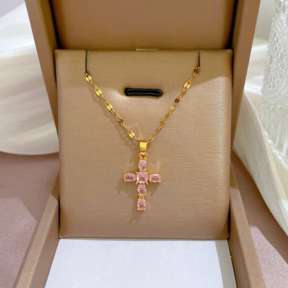 Fashion Cross Titanium Steel Copper Plating Inlay Zircon Pendant Necklace