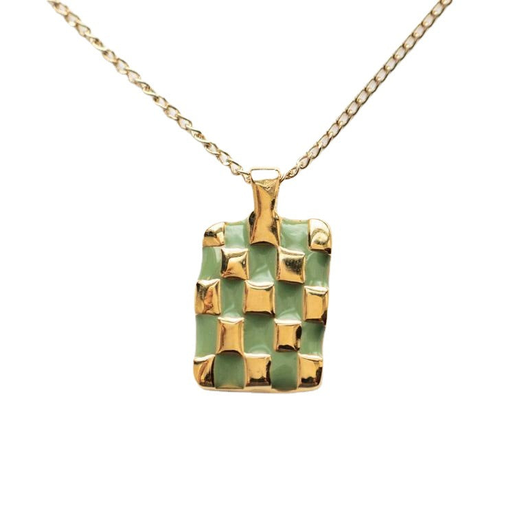 Fashion Plaid Rectangle Stainless Steel Enamel Gold Plated Pendant Necklace 1 Piece