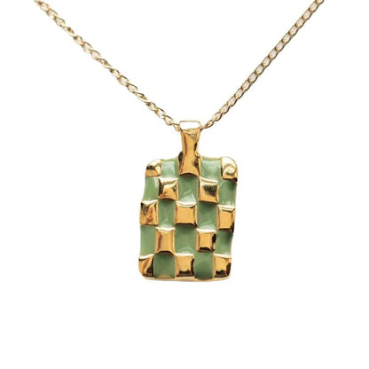 Fashion Plaid Rectangle Stainless Steel Enamel Gold Plated Pendant Necklace 1 Piece