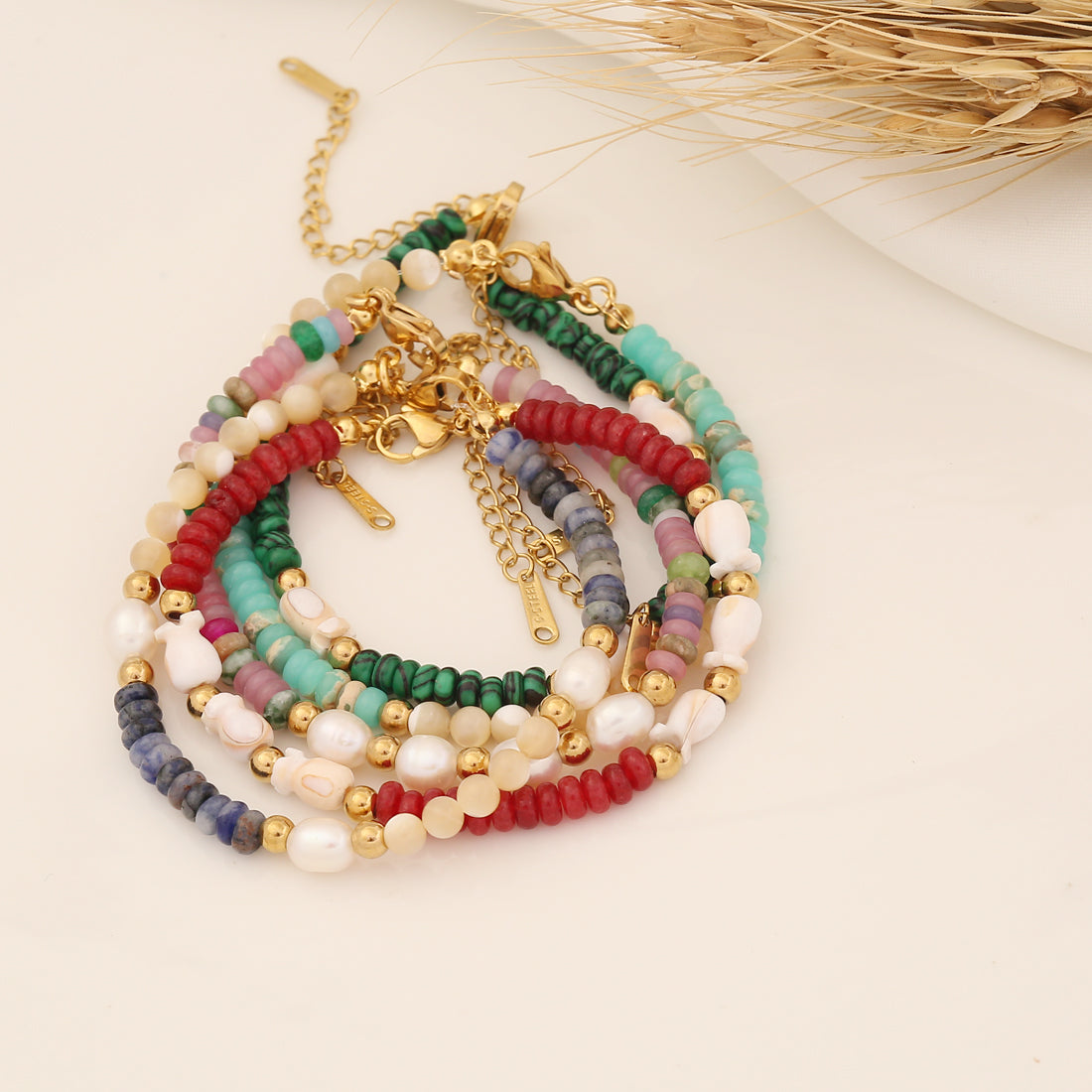 Bohemian Color Block Stainless Steel Natural Stone Beaded Handmade Bracelets