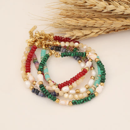 Bohemian Color Block Stainless Steel Natural Stone Beaded Handmade Bracelets