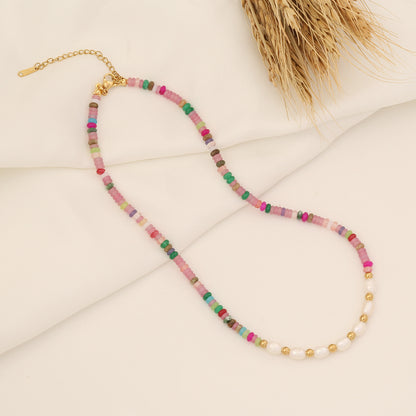 Bohemian Color Block Stainless Steel Natural Stone Beaded Handmade Necklace 1 Piece