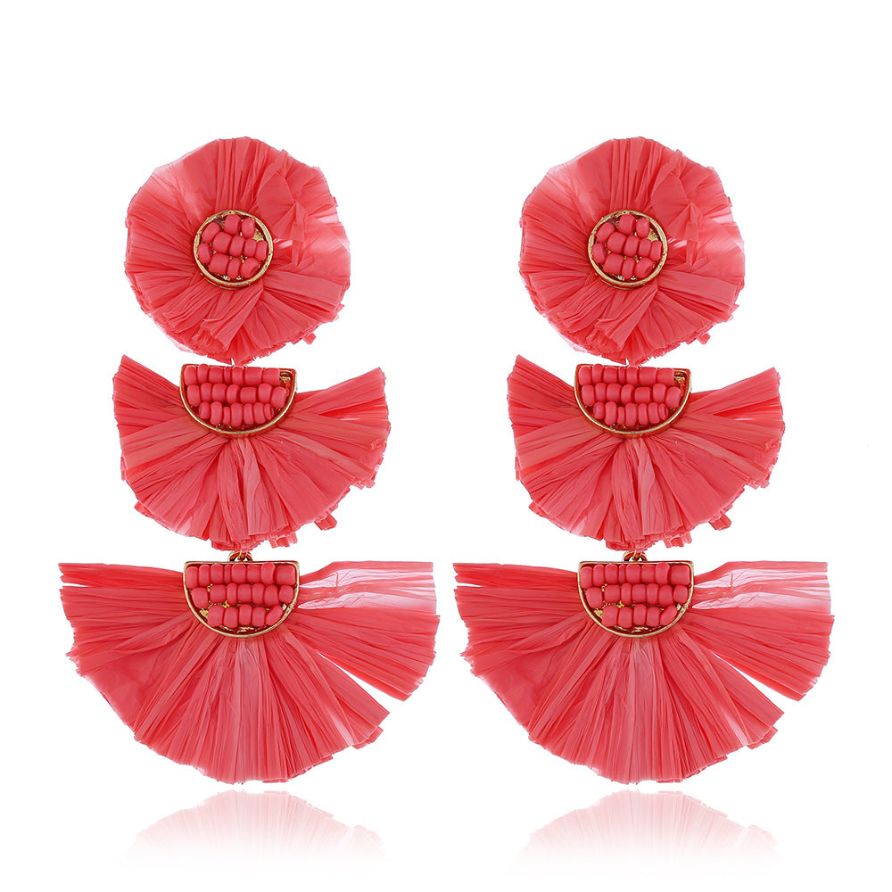 Ethnic Style Solid Color Flower Beaded Alloy Raffia Women's Drop Earrings 1 Pair