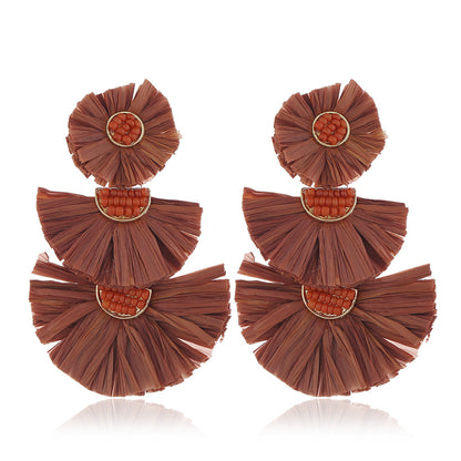 Ethnic Style Solid Color Flower Beaded Alloy Raffia Women's Drop Earrings 1 Pair