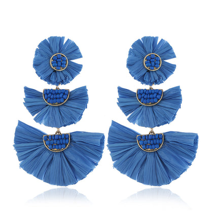 Ethnic Style Solid Color Flower Beaded Alloy Raffia Women's Drop Earrings 1 Pair