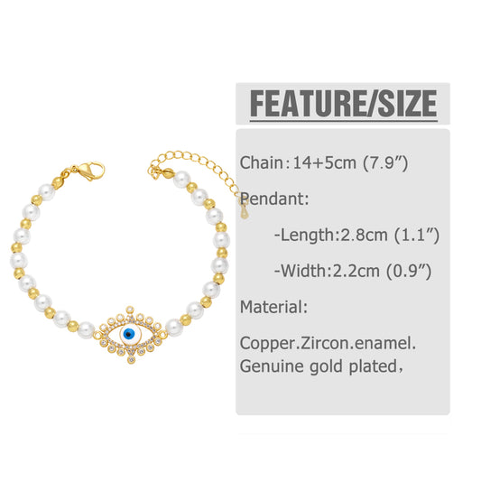 Retro Devil's Eye Hand Of Fatima Heart Shape Artificial Pearl Copper Beaded Gold Plated Zircon Bracelets 1 Piece