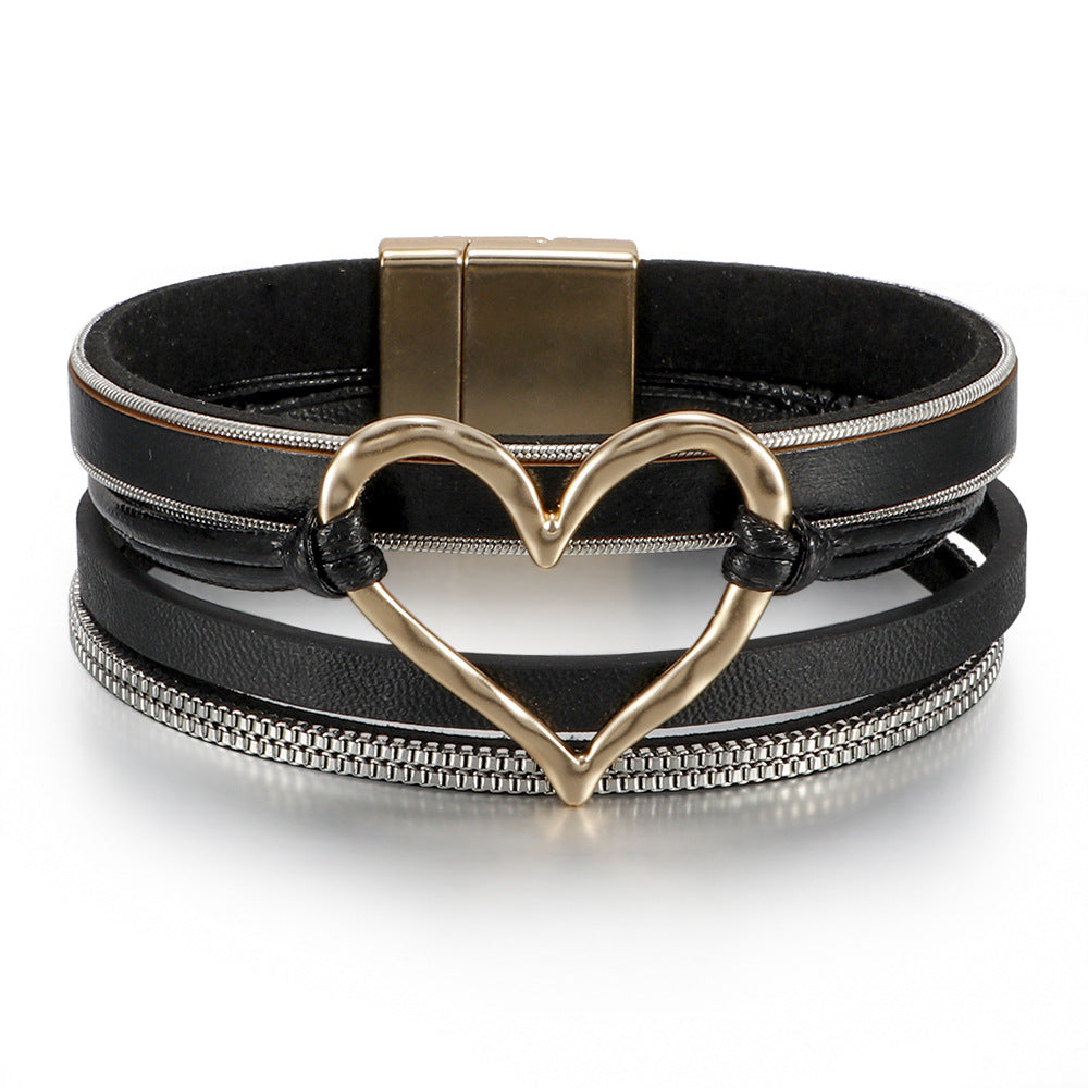 Fashion Heart Shape Pu Leather Alloy Knitting Women's Bracelets