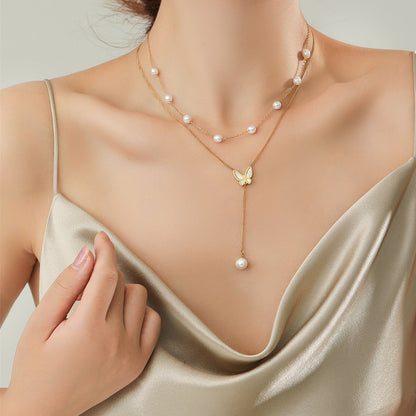 Elegant Butterfly Titanium Steel Plating Inlay Artificial Pearls Shell 18k Gold Plated Layered Necklaces