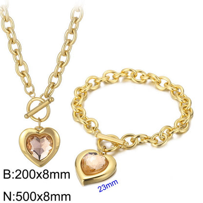 Fashion Heart Shape Stainless Steel Plating Inlay Glass Bracelets Earrings Necklace