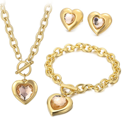 Fashion Heart Shape Stainless Steel Plating Inlay Glass Bracelets Earrings Necklace