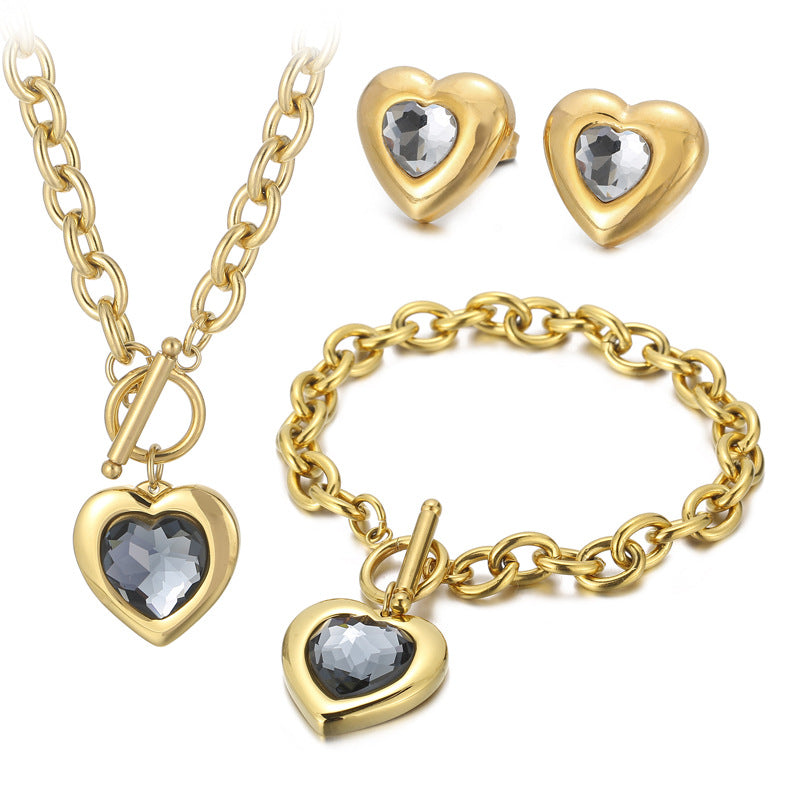 Fashion Heart Shape Stainless Steel Plating Inlay Glass Bracelets Earrings Necklace