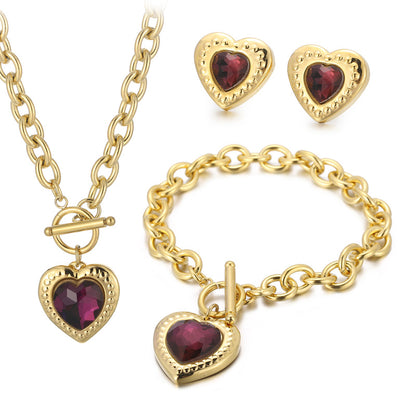 Fashion Heart Shape Stainless Steel Plating Inlay Glass Bracelets Earrings Necklace