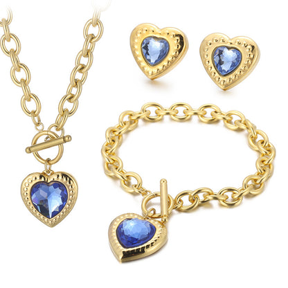 Fashion Heart Shape Stainless Steel Plating Inlay Glass Bracelets Earrings Necklace