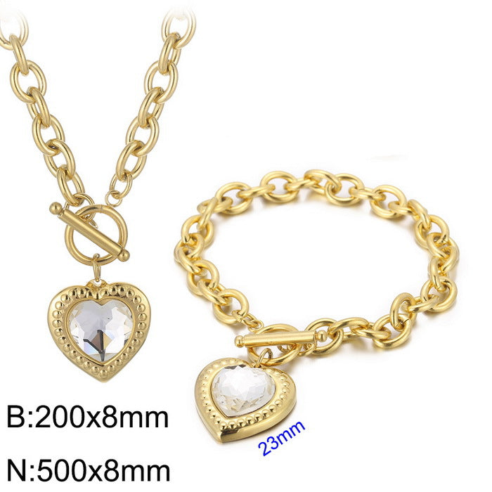 Fashion Heart Shape Stainless Steel Plating Inlay Glass Bracelets Earrings Necklace