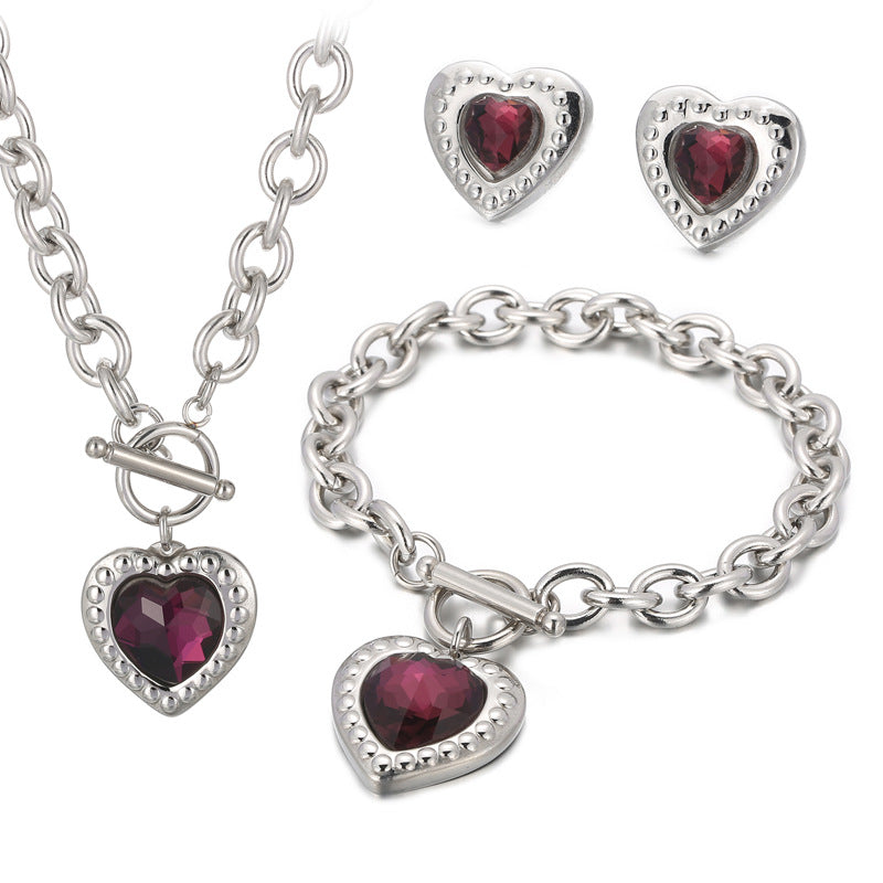 Fashion Heart Shape Stainless Steel Plating Inlay Glass Bracelets Earrings Necklace